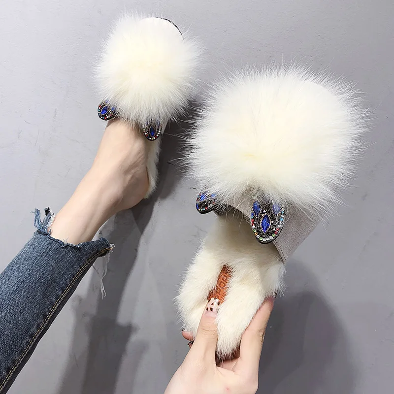 Лидер продаж меховые тапочки женские шлепанцы из лисьего меха Домашние сандалии