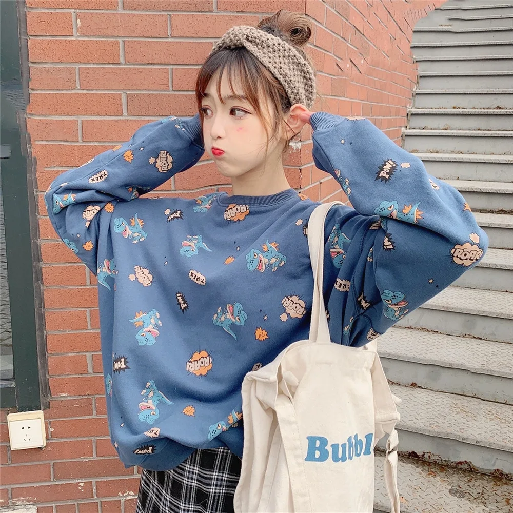 Осень, новинка, женский модный свитер Harajuku, повседневный свободный свитер большого размера с рисунком динозавра из мультфильма тираннозавра, толстовки, кавайный пуловер - Цвет: blue