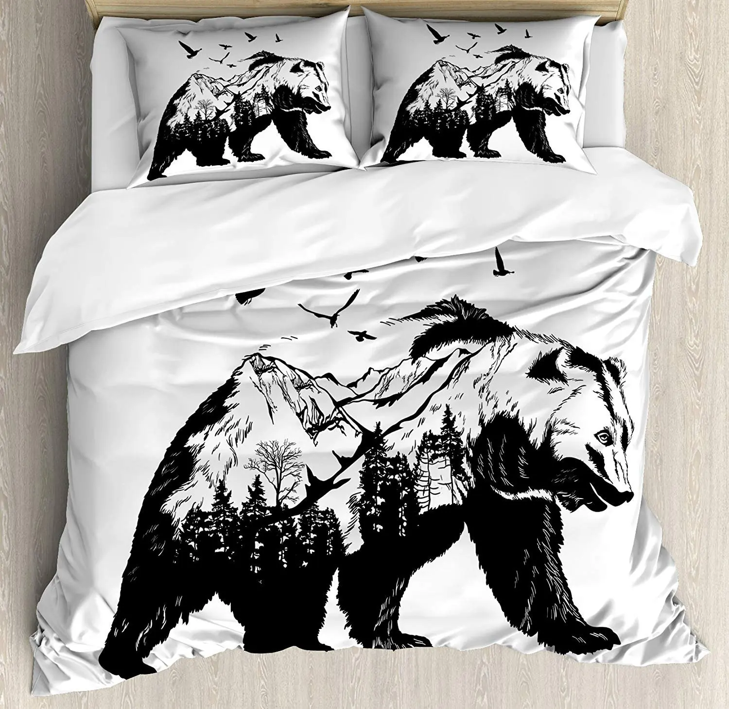 

Bear Bedding Set Mammal Silhouette with Mountain Landscape Flying Birds and Forest Wildlife Design Duvet Cover Pillowcase