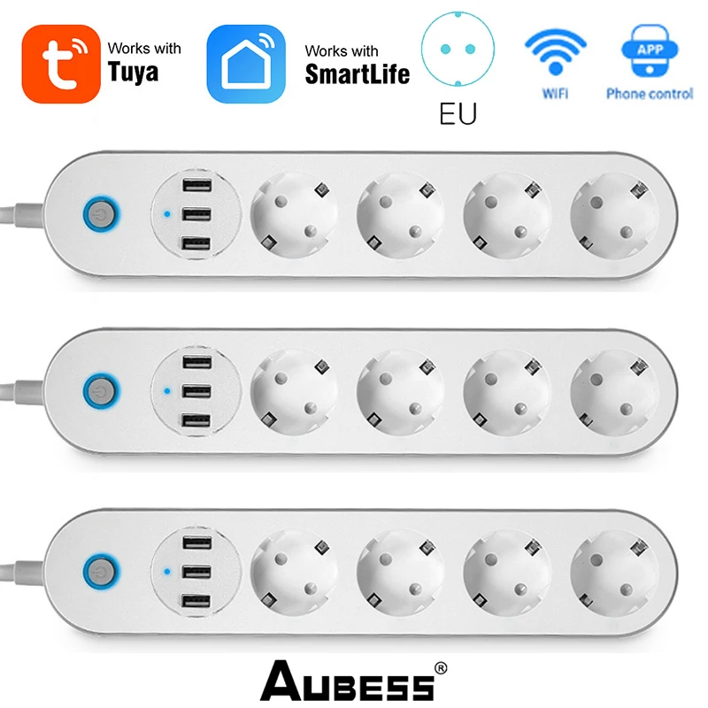 

Умный удлинитель Tuya с Wi-Fi, 4 евророзетки, 3 USB-порта для зарядки