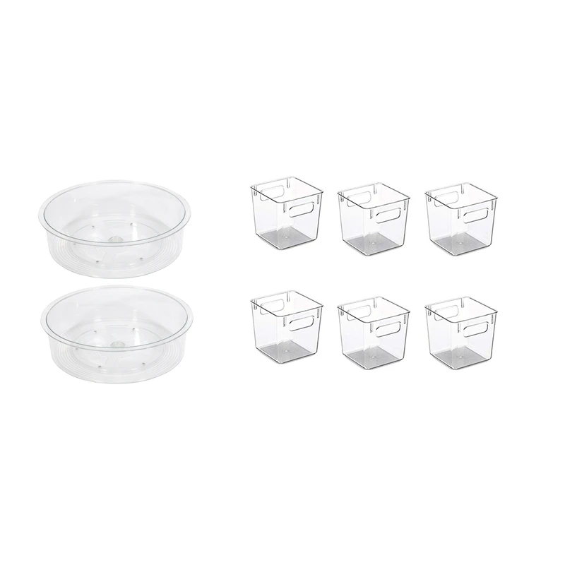

2Pcs 360 Degree Rotatable Storage Box & 6x Plastic Stackable Kitchen Pantry Cabinet Clear