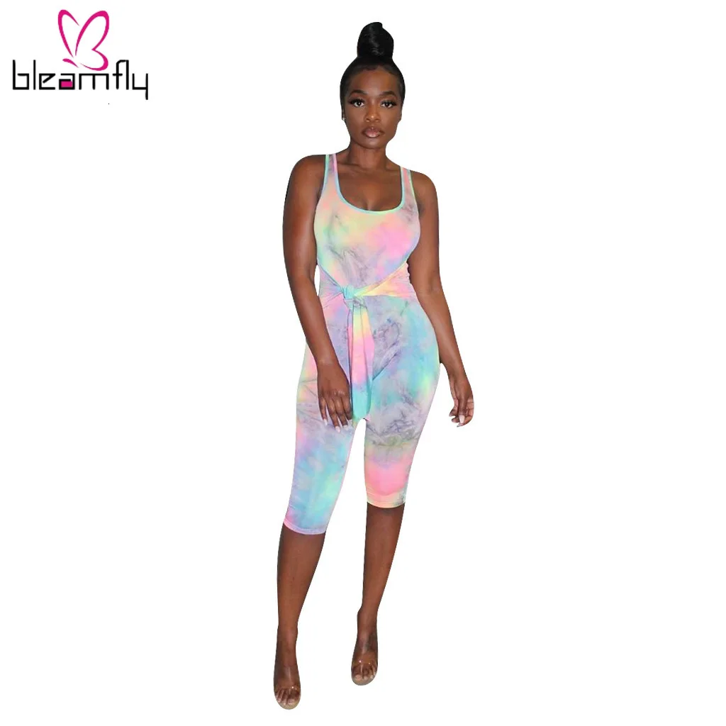 2019 Женский Летний комбинезон с принтом Галактики без рукавов завязками до колен