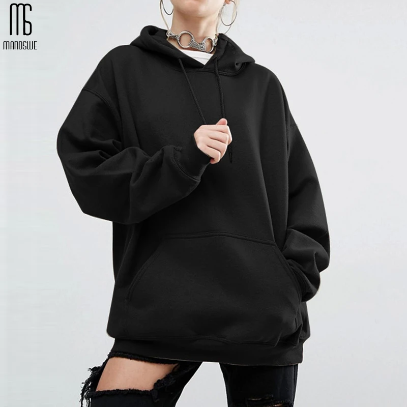 Manoswe Harajuku Women's Hooded Sweatshirt Tops Long Sleeved Solid Color Casual Sportswear Fleece Thickening Coat Oversize S-5XL | Женская