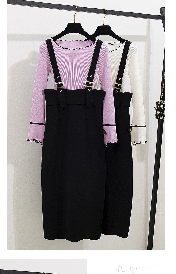 Autumn Women Flare Sleeve Knitted Bow Top+Mid-Long Black Suspender Skirt Set Streetwear Two-piece Set Strap Skirt Overalls