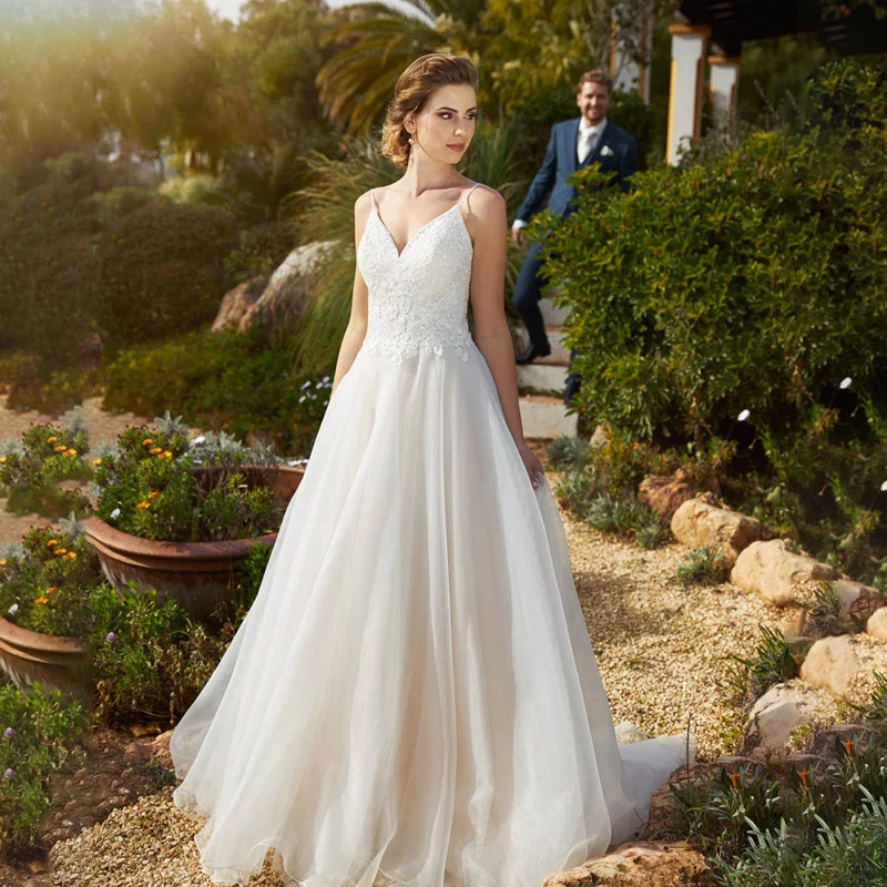 

Дешевые тюлевые платья-Weddin цвета слоновой кости на бретельках с аппликацией длиной до пола с открытой спиной Элегантные платья для женщин