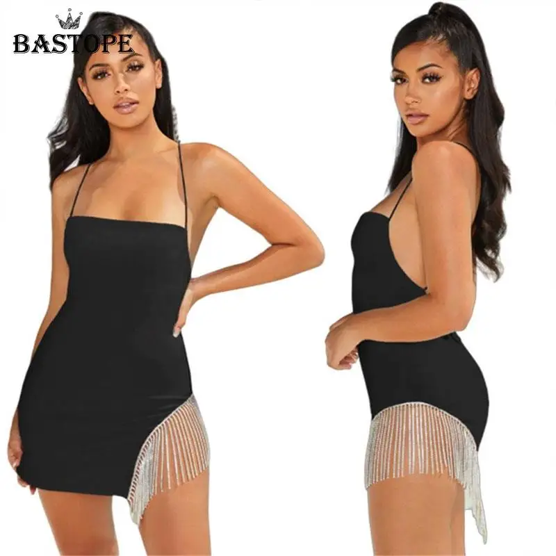 

BASTOPE Tassel Sexy Mini Dress Solid Color Strapless Sleeveless Patchwork Bodycon Dress Summer Clothing for Club Party