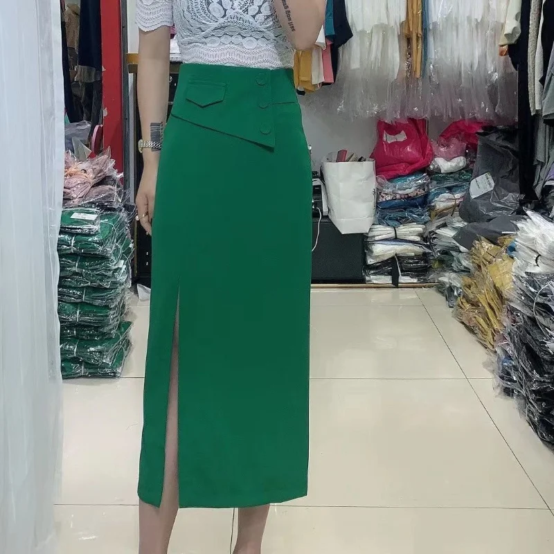 

2021 Women Spring Autumn Stretch Slim Package Hip Skirt Female Chic Loose High Waist Split Skirt Ladies Casual Solid Faldas F877