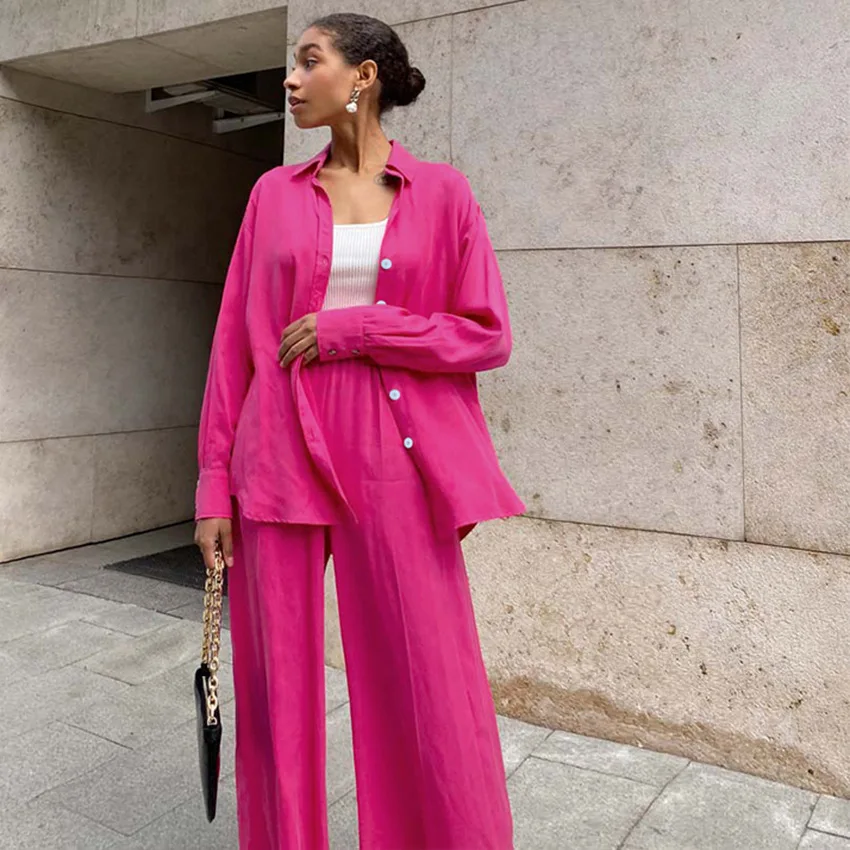 

SuperAen Office Lady Satin Casual Suit 2021 Autumn New Women's Clothing Turn Down Collar Shirt Mop Wide-leg Pants Two-piece Set