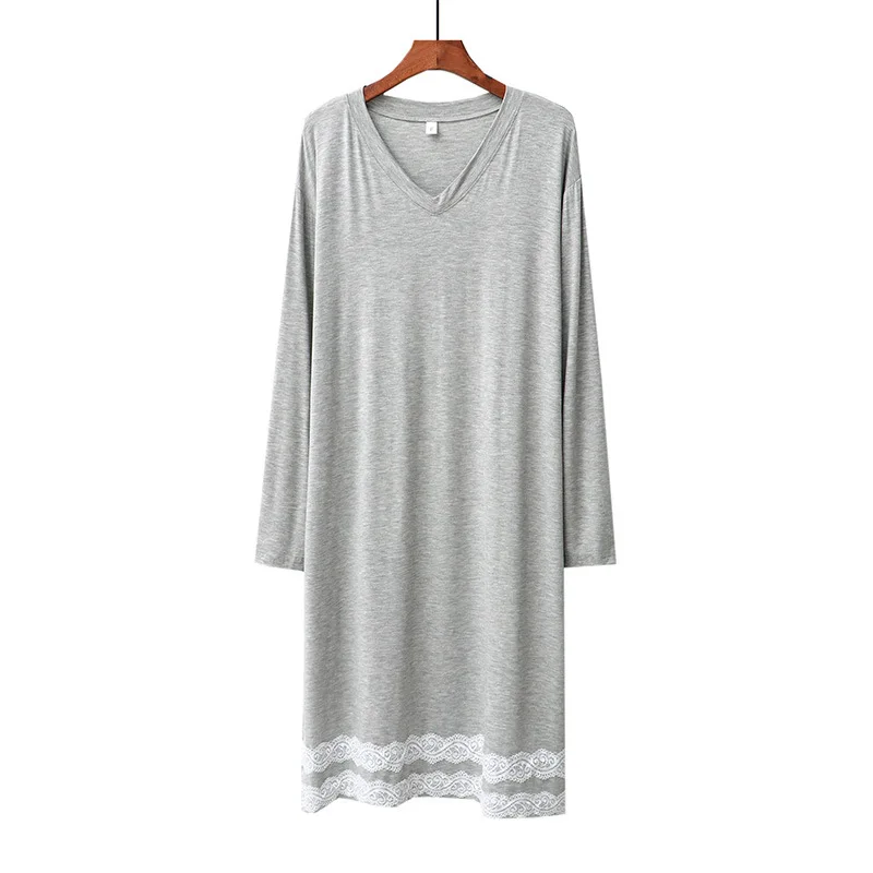 

Women's Nightgowns New Long Sleeve Spring Autumn Nightshirt Sexy V Neck Modal Night Dress Lace Sweet Nightwear Vestidos Mujer
