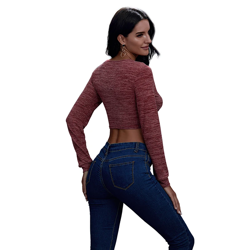 

2020 Women Sexy Tops New Style Autumn Winter Hot T-Shirt Knitted Solid Color Tight Deep V Long Sleeves Short Top s S-2XL