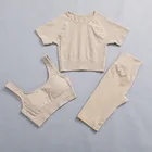 Комплект спортивный женский бесшовный для фитнеса и йоги, укороченный топ с коротким рукавом и шорты с высокой талией