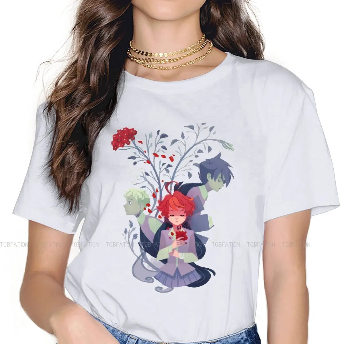 

Flower Women's T Shirt The Promised Neverland Anime Girls Tees Kawaii Cotton Tops Graphic Tshirt Loose 5XL Fashion
