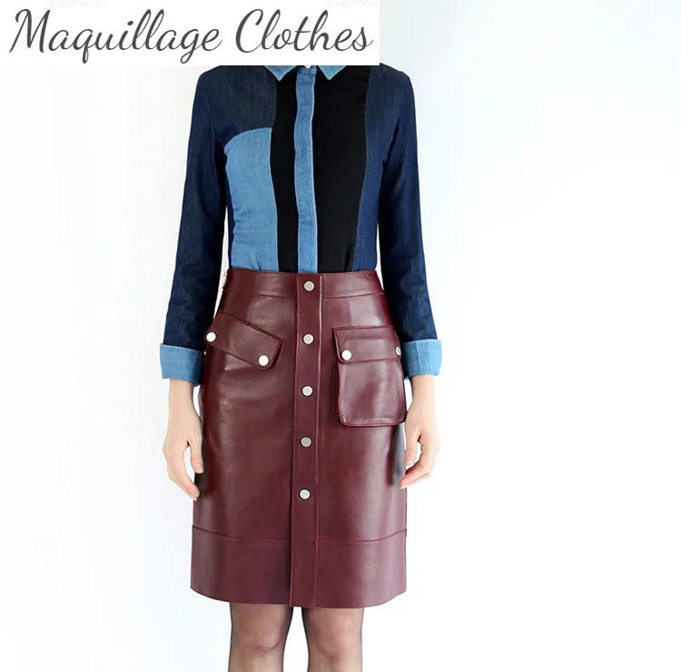 

Spring Autumn women's high quality genuine leather pencil skirt Hot fashion real leather pocket skirts B341