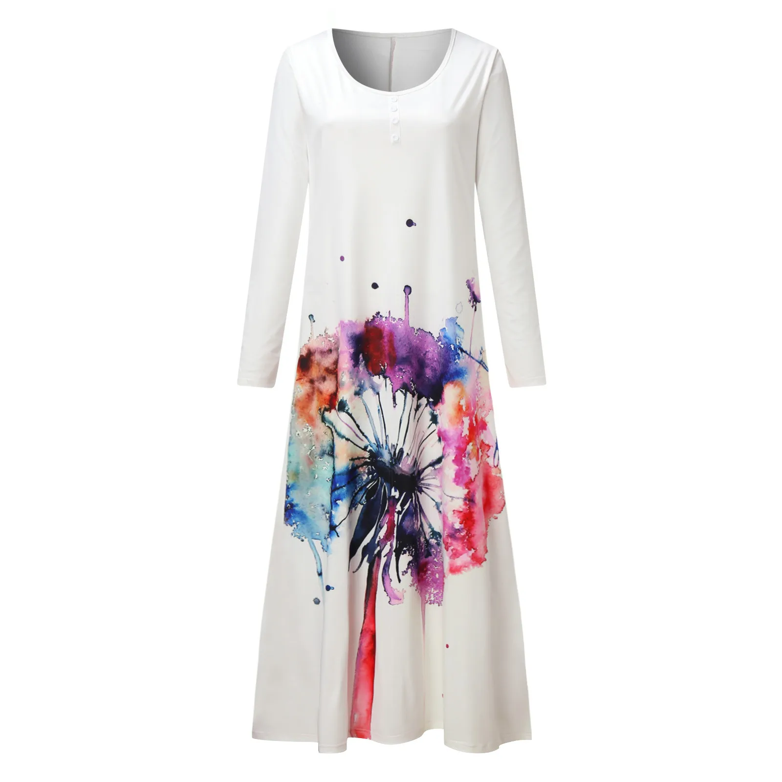 

Women Vintage Print Daily Dresses Flower Casual Loose Long Sleeve O-neck Plus Size Long Dress Femme Robe Advanced Dress Vestido