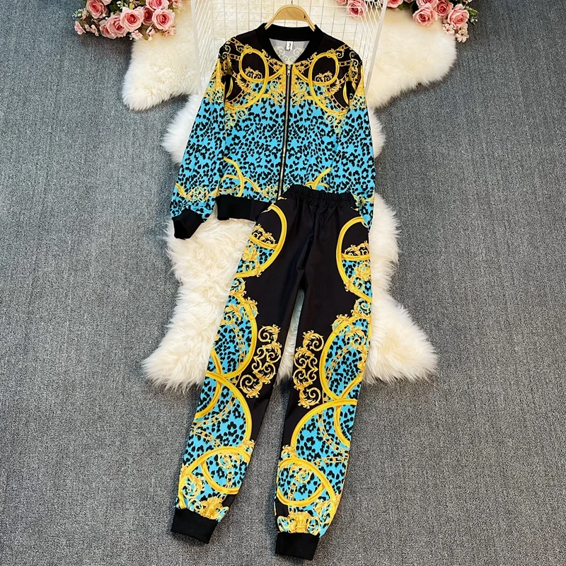 

Amolapha Women Clothes Set O-Neck Long Sleeve Retro Print Basebal Jacket Tops+High Waist Casual Pant Female Sport Suit