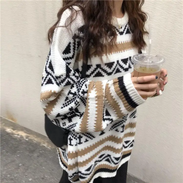 

Woman Sweaters Autumn Winter Pullover Striped Sweater Women's Retro Crew Neck Long-Sleeved Sweater Femme Chandails Pull Hiver