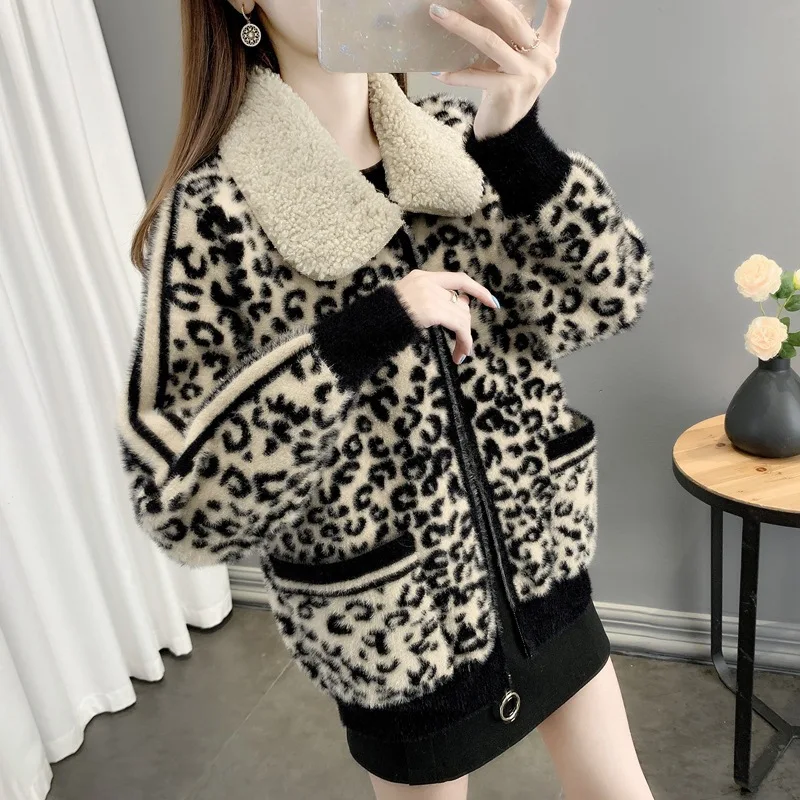 

2021 autumn and winter new imitation mink cardigan jacket women's lapel collar sweater fashion all-match leopard coat women