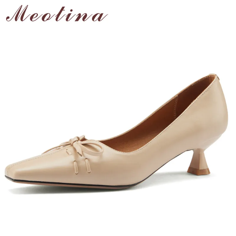 

Женские туфли-лодочки Meotina, весенние туфли из натуральной кожи на среднем каблуке, с квадратным носком, с бантом, бежевого цвета, размеры до 43