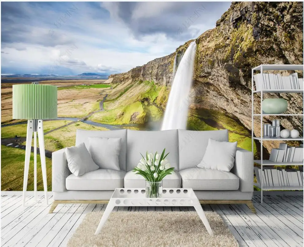 

Настенные 3D-обои в рулонах, Настенные обои с изображением водопада, неба, земли, белых облаков, пейзажа, под заказ, для домашнего декора