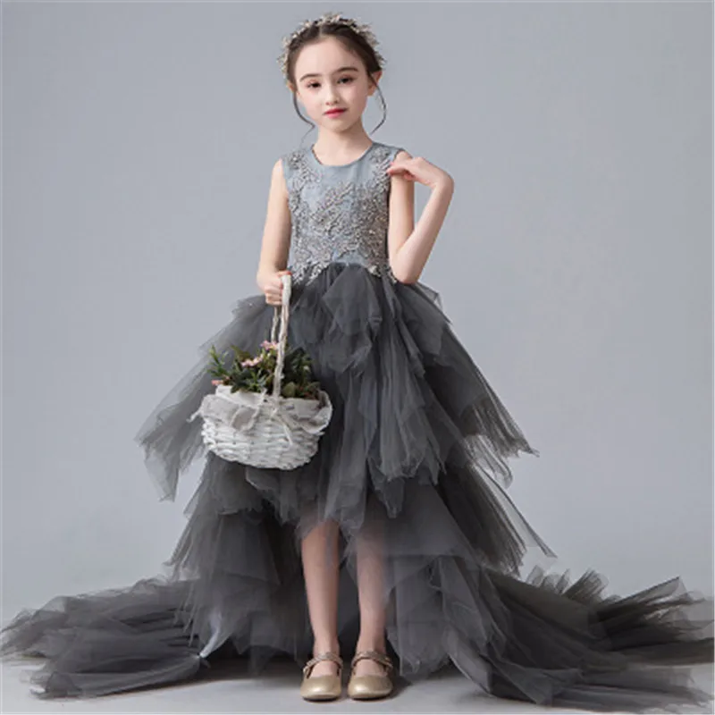Серые платья с высоким и низким цветочным рисунком для девочек Свадебное бальное