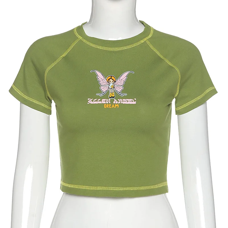 

2021 Summer Women's Fashion New Round Neck Short-sleeved Printing Printing and Dyeing Slimming Navel Leisure All-match T-shirt