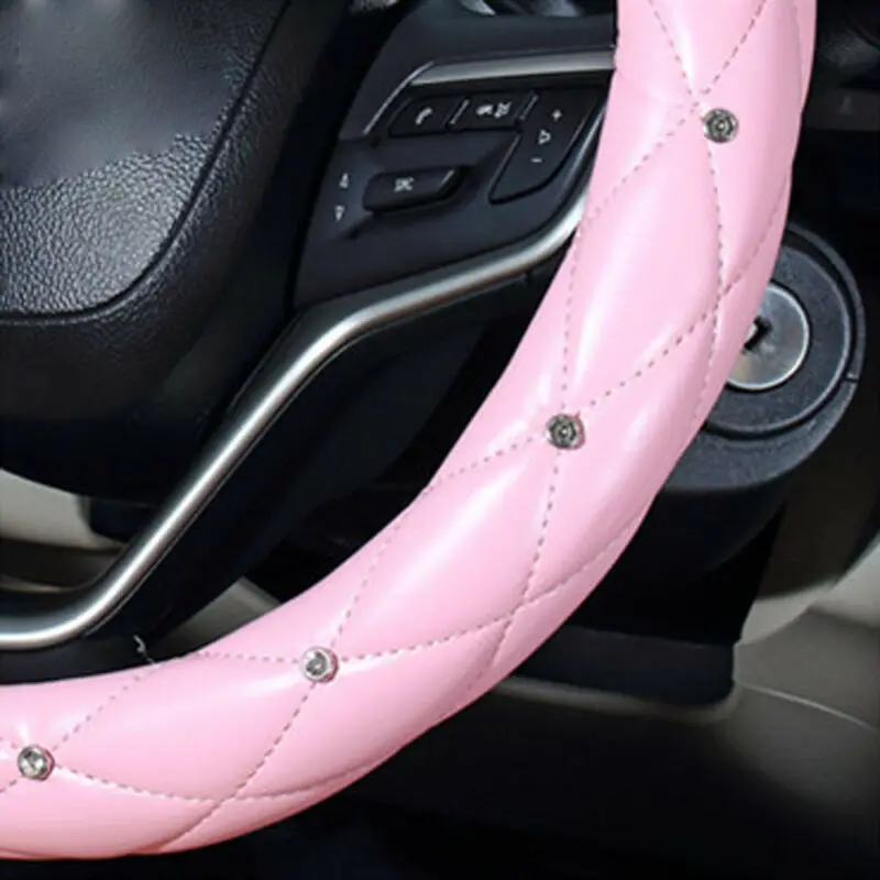 

Pink Car Steering Wheel Cover 38cm/15Inch PU Leather Bling W/ Rhinestone Decor Bling Rhinestone Fashionable