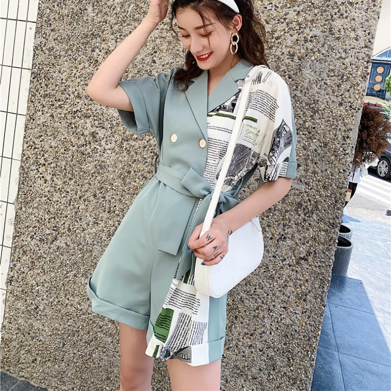 

Patchwork Design High Waist Playsuits Printed Loose Wide Leg Casual Short Sleeve Sundress Tide Simple Design Rompers Fashion