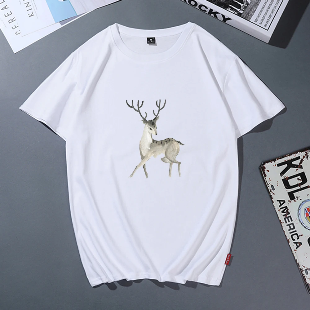 

Cute Deer Printed Women T Shirt 2020 Summer White Casual Short Sleeve Gift for Lady Girl Funny T Shirts for Women Streetwear