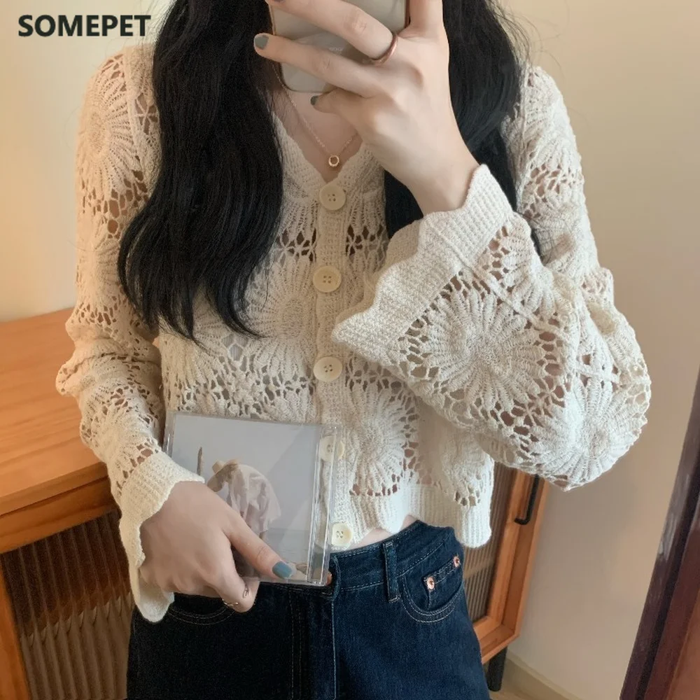 

Women Blouses Solid Shirts Hollow Out V-neck Spring Autumn Long Sleeve Tops Fashion Elegant Casual Korean Style Chic New