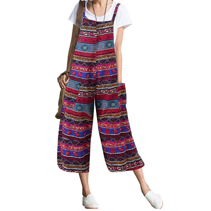 

NEW Fashion Women Casual Straps Cotton Jumpsuit Rompers Ethnic Print Wide Leg Overalls Loose Bib Pants S-5XL