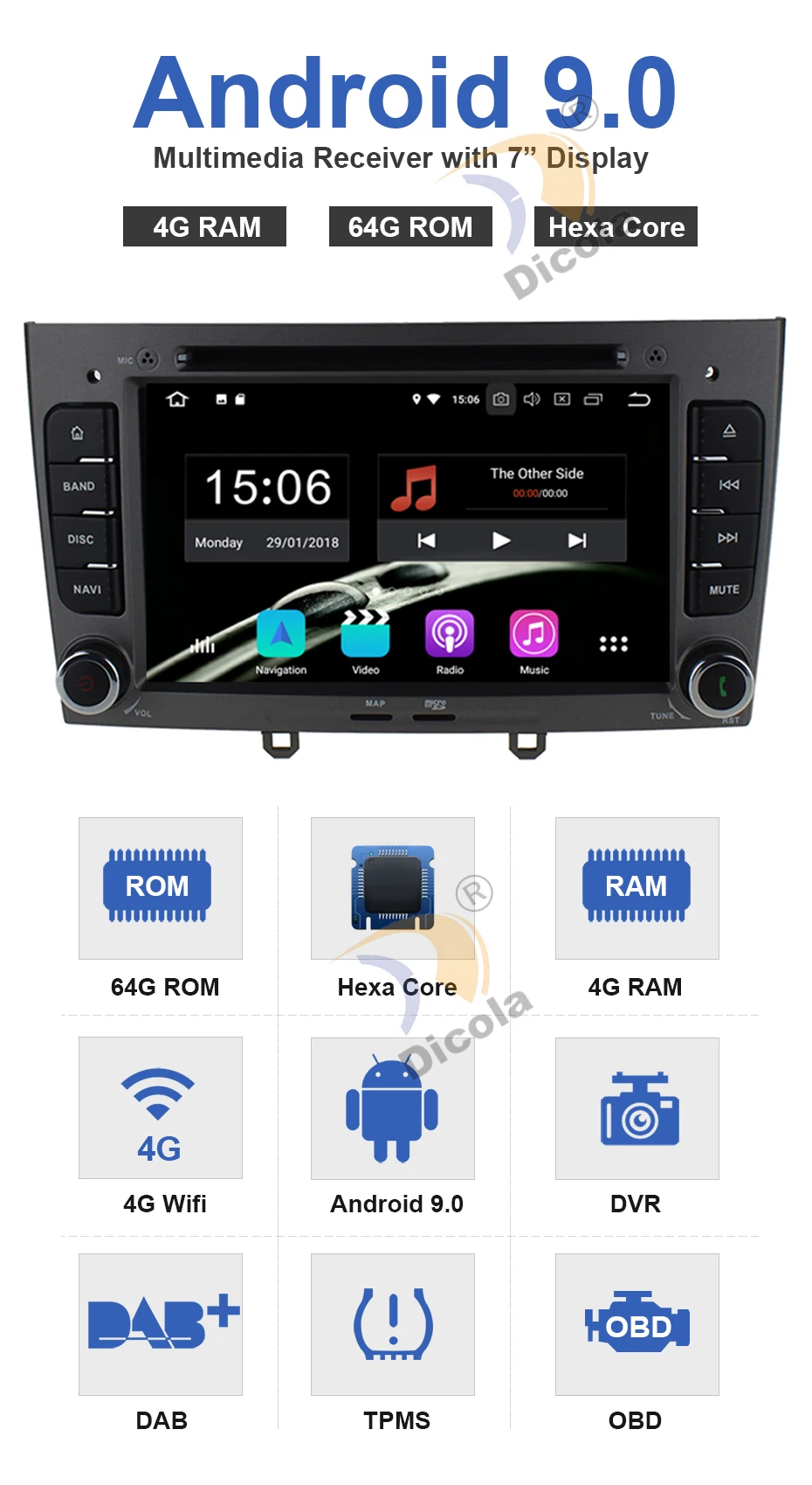 4G+ 64G Android 9,0 автомобиль dvd мультимедийный плеер Радио стерео для peugeot 408/peugeot 308 с gps navi BT canbus SD USB 1080 P RDS