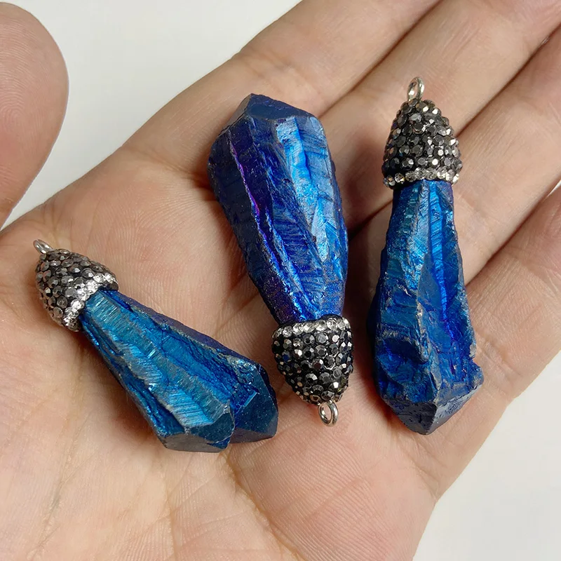 1PC Natural Blue Druzy Stone Pendant Connecter Metal Mineral Specimen Crystal Agates Slice Charm Geode Rough For Jewelry - купить по