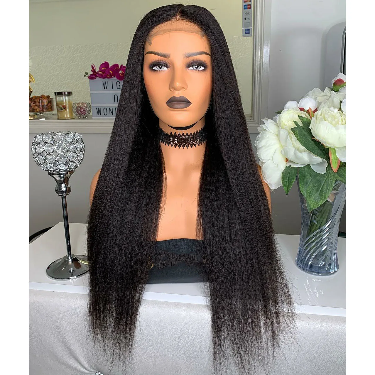 

Middle Part Jet Black Lace Frontal Wig With Baby Hair Long Yaki Straight Heat Resistant Lace Wigs Preplucked Synthetic Hair Wigs