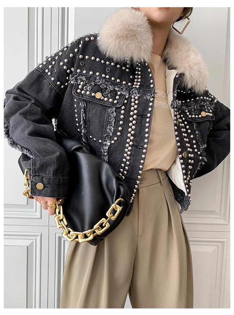 2022 winter woman jean fabric duck down overcoat with real fur collar rivets short jacket for lady blue black plus big size