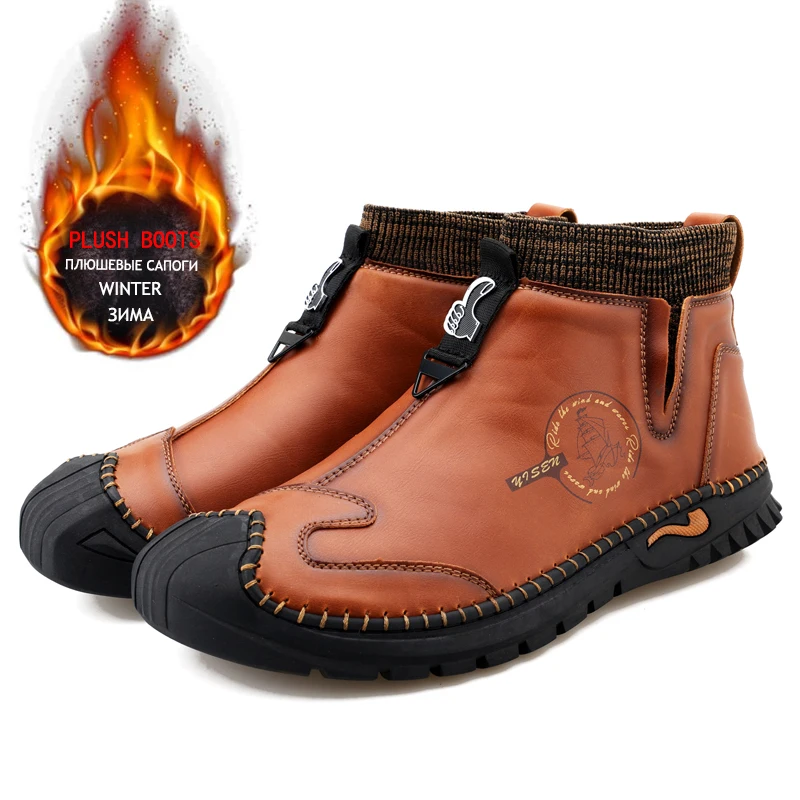 

Men's Snow Boots Winter Plush Warm Platform Men's Motorcycle Boots Genuine Leather Male Snow Boots Autumn Man Work Shoes