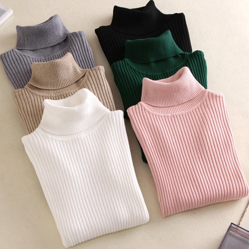 

On Sale Pullover 2021 Autumn Winter Women Knitted Foldover Turtleneck Sweater Casual Rib Jumper Throat Female Pull Clothing Coat