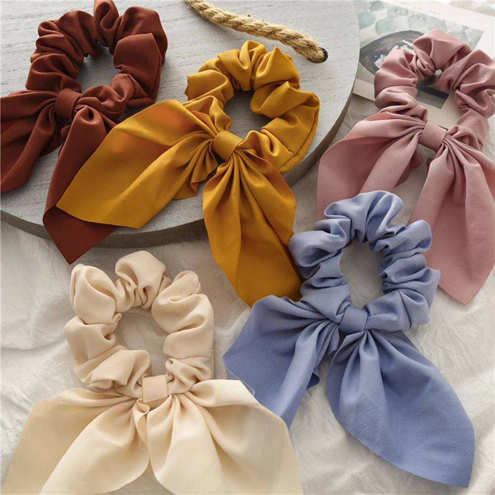 

Rabbit Ears Fashion Lady Blue Hairbands Ponytail Scarf Elastic Hair Rope For Women Scrunchies Hair Bands Solid Ribbon Hairbands