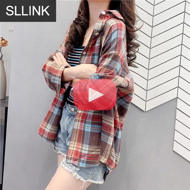 

Spring and Autumn The New Korean Version of Retro Contrast Plaid Sanding Loose Coat Shirt Women's Tide Women Shirts Plus Size