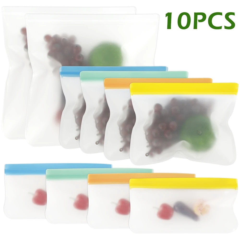 

10pcs Food Storage Bags Color Self Sealing Refrigerator Food Packaging Bag Zip Pouch Silicone Kitchen Containers Leakproof Pack