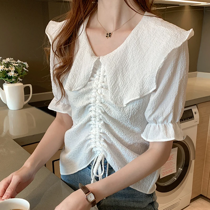 

Chikichi 2021 Summer Clothes New Korean Drawstring Lotus Leaf Collar Short Sleeve Bubble Crepe Chiffon Shirt Top Female