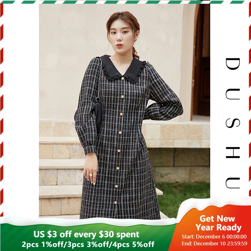 

DUSHU Tweed Vintage Long Plaid Spring Dress Women Ruffle Button Up Elegant Black Dress Plus Size Slim Office Ladies Dresses 2021