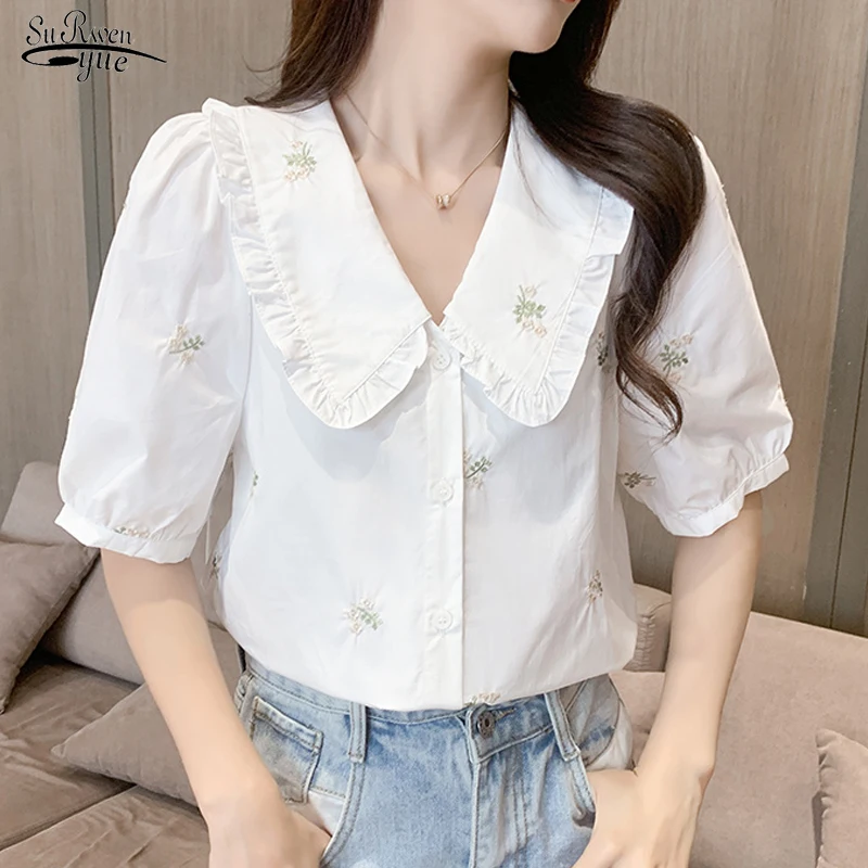 

2021 Summer Turn-down Collar Button Shirts Chic Embroidered Puff Sleeve Women's Blouse Female Vintage Elegant White Tops 14604