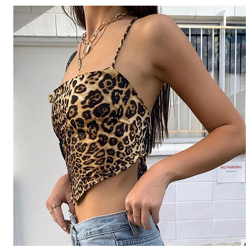 

New Style Summer Lady Leopard Print Sleeveless Suspenders Tank Top Tees Cross Strap Slim Vest Sexy Clubwear Backless Tanks