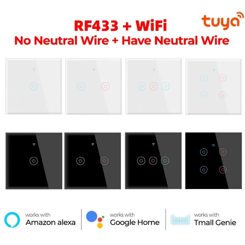 

Tuya WiFi Smart Light Touch Switch Without Neutral Wire Glass Wall EU 1/2/3/4Gang RF433 Control 220V Timer For Alexa Google Home