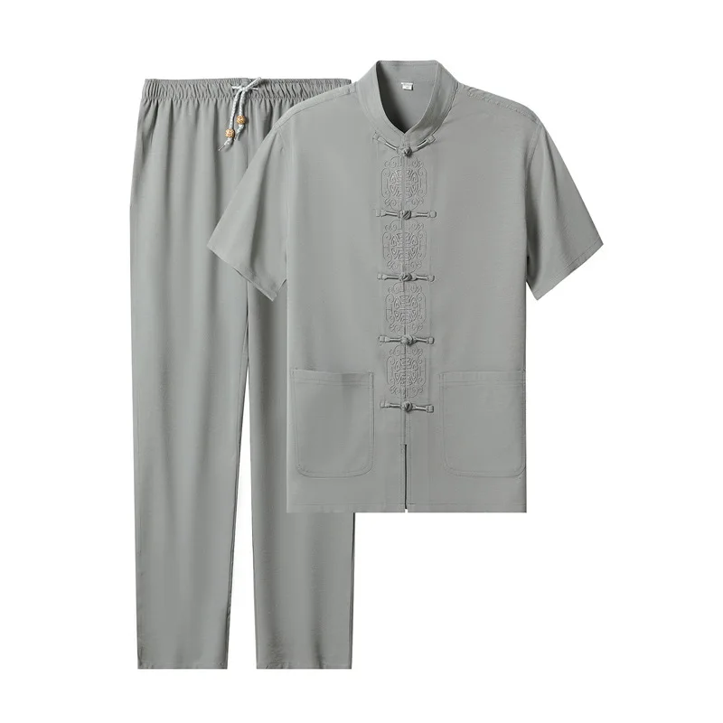 

Мужская одежда 2021, летняя рубашка с короткими рукавами + штаны, костюм из 2 предметов, костюм из хлопка и льна в китайском стиле