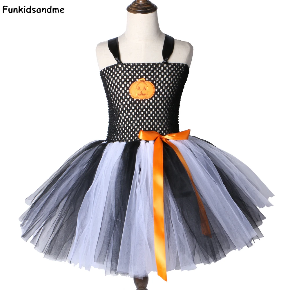 Платье-пачка для девочек с рисунком тыквы черно-белое детское платье-пачка