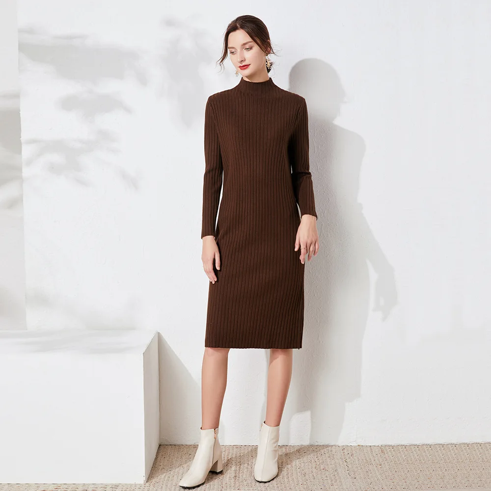 

2020 autumn winter midi sweater dress women mid-length knit highneck dress female slim sweater bodycon warm dress