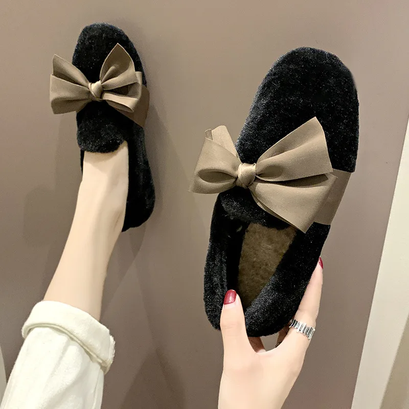 Женская зимняя повседневная обувь на плоской подошве с простым теплым бантом