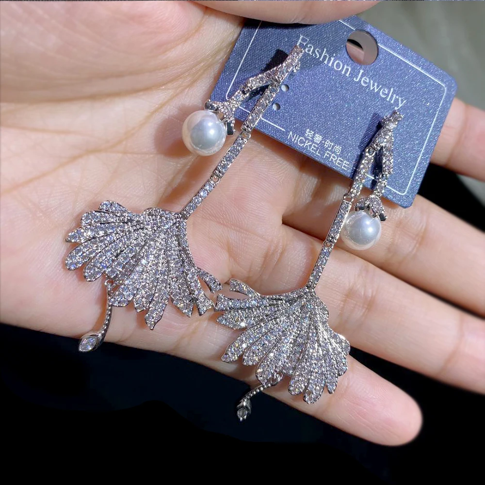 

Fashion and Popular Long Leaf Dangle Pearl Earrings Full Cubic Zirconia Women's Dinner Earrings ASNORA