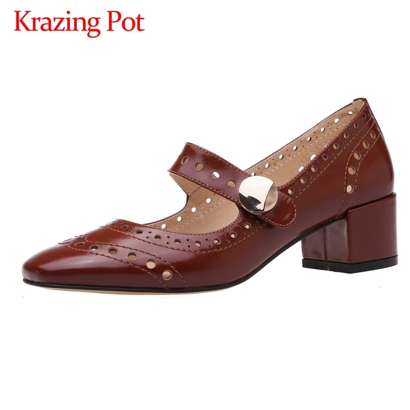 

Krazing Pot vintage full grain leather carving hollow breathable round toe thick med heel slip on spring summer women pumps L13